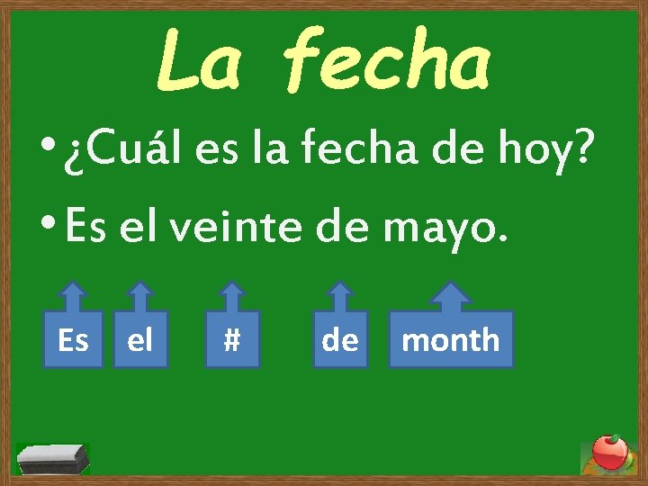 La fecha • ¿Cuál es la fecha de hoy? • Es el veinte de La fecha • ¿Cuál es la fecha de hoy? • Es el veinte de