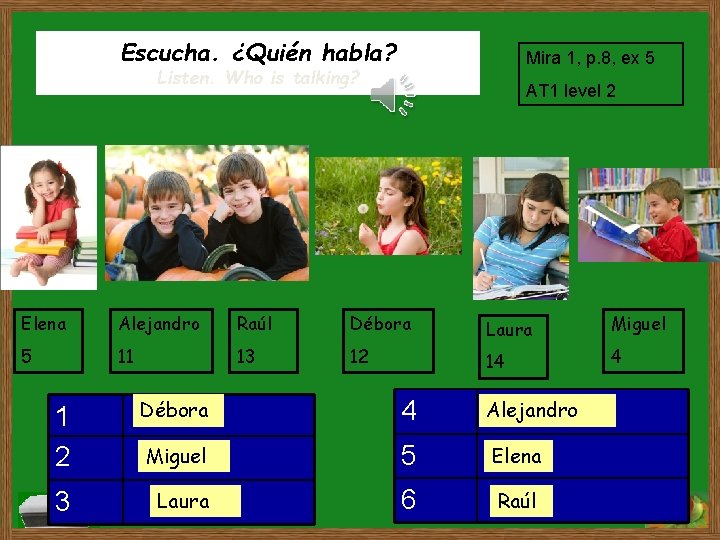 Escucha. ¿Quién habla? Mira 1, p. 8, ex 5 Listen. Who is talking? AT Escucha. ¿Quién habla? Mira 1, p. 8, ex 5 Listen. Who is talking? AT