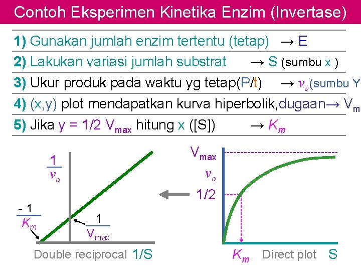 Contoh Eksperimen Kinetika Enzim (Invertase) 1) Gunakan jumlah enzim tertentu (tetap) → E 2)