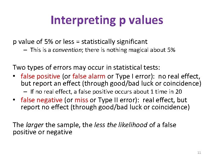 Interpreting p values p value of 5% or less = statistically significant – This