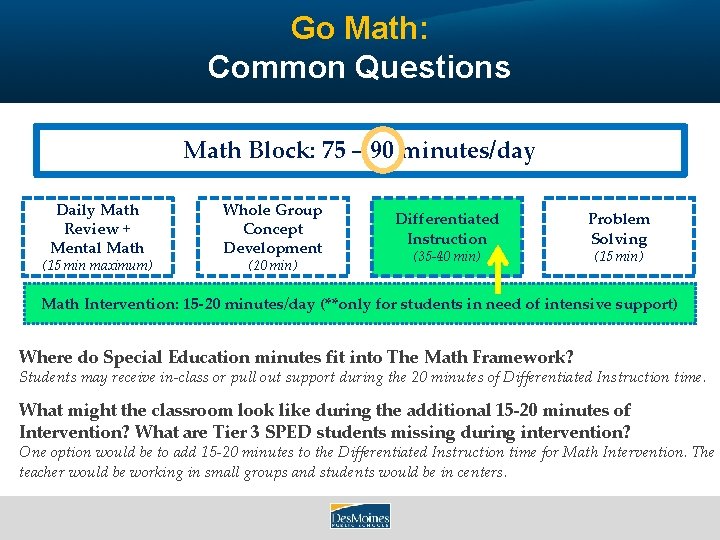 Go Math: Common Questions Math Block: 75 – 90 minutes/day Daily Math Review +