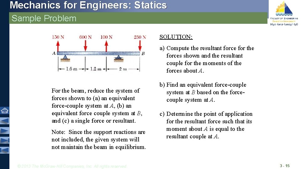 Mechanics for Engineers: Statics Sample Problem SOLUTION: a) Compute the resultant force for the