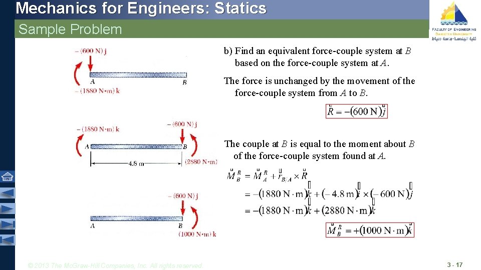 Mechanics for Engineers: Statics Sample Problem b) Find an equivalent force-couple system at B