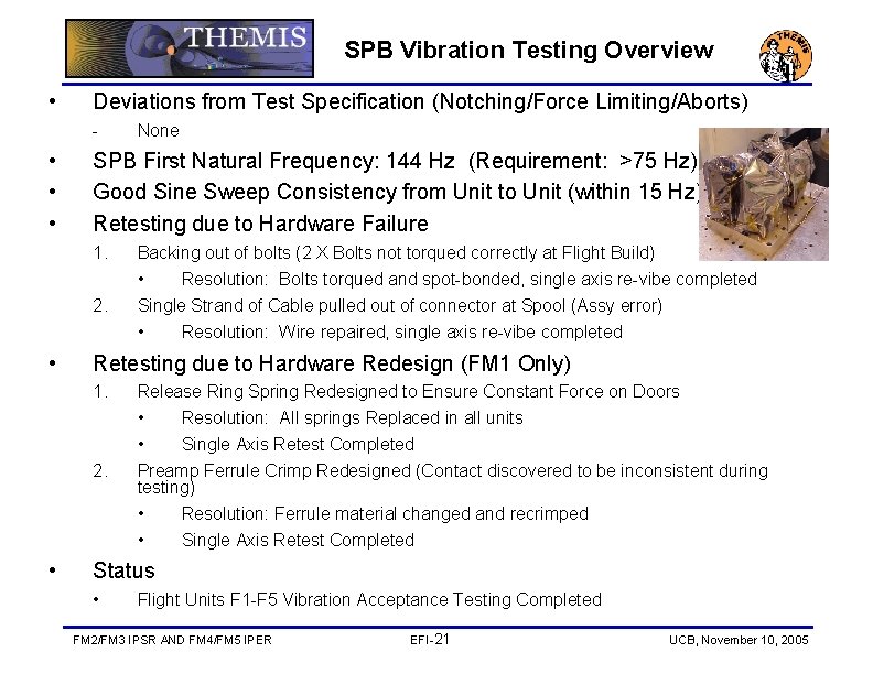 SPB Vibration Testing Overview • Deviations from Test Specification (Notching/Force Limiting/Aborts) - • •