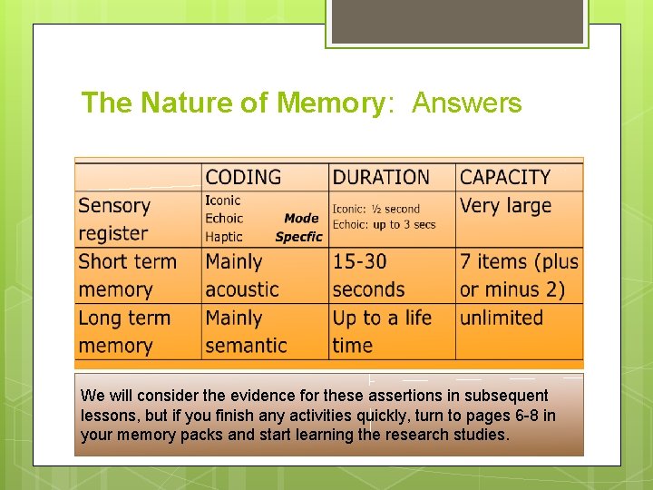 The Nature of Memory: Answers We will consider the evidence for these assertions in
