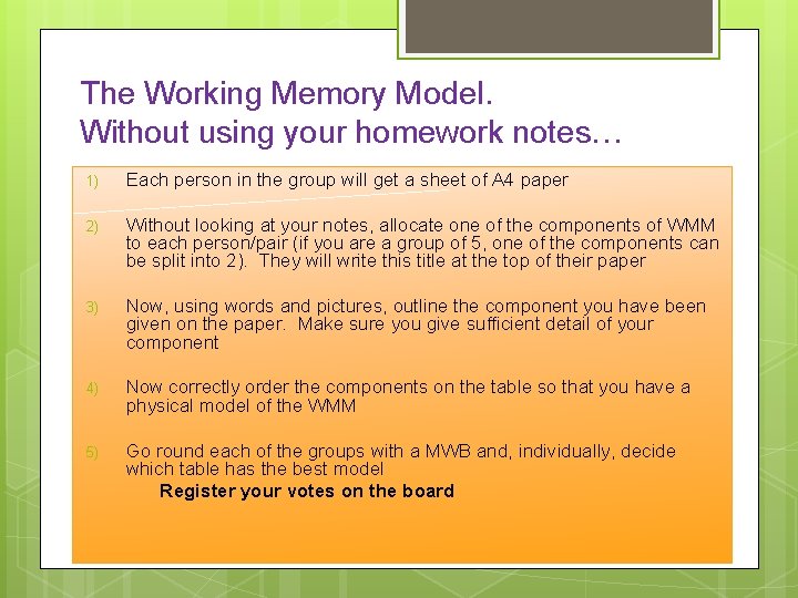 The Working Memory Model. Without using your homework notes… 1) Each person in the