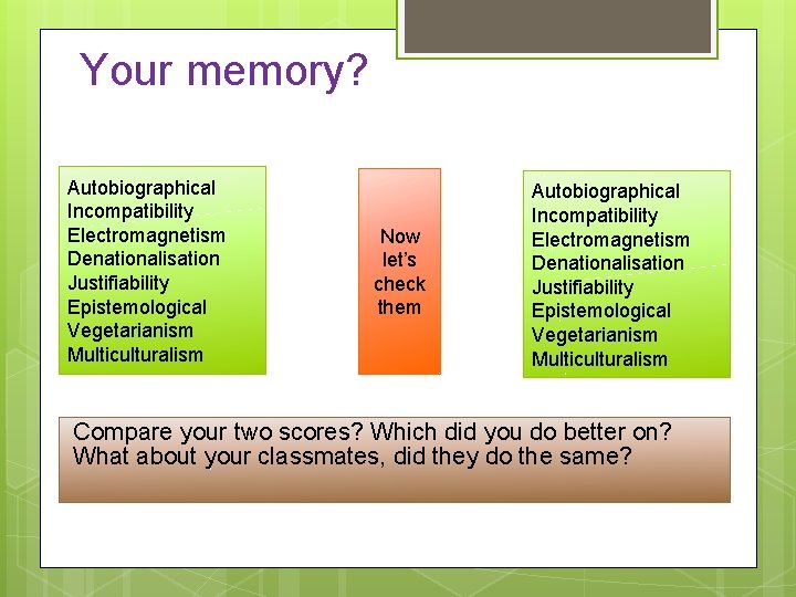 Your memory? Autobiographical Incompatibility Electromagnetism Denationalisation Justifiability Epistemological Vegetarianism Multiculturalism Now let’s check them