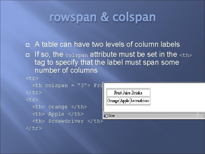 rowspan & colspan A table can have two levels of column labels If so,