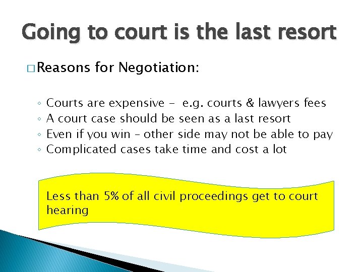 Going to court is the last resort � Reasons ◦ ◦ for Negotiation: Courts