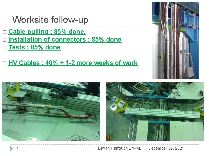 Worksite follow-up � Cable pulling : 85% done. � Installation of connectors : 85%