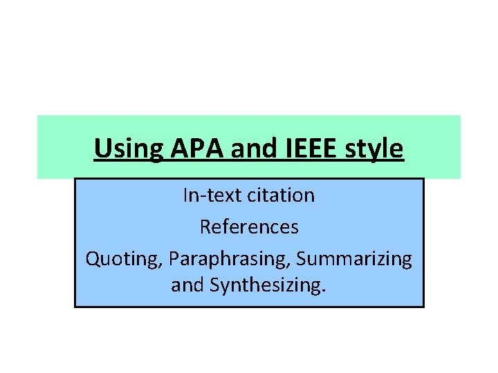 Using APA and IEEE style In-text citation References Quoting, Paraphrasing, Summarizing and Synthesizing. 