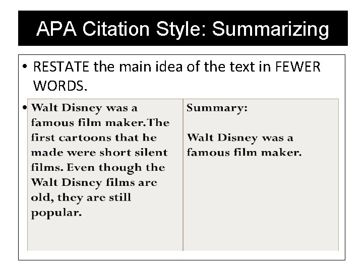 APA Citation Style: Summarizing • RESTATE the main idea of the text in FEWER