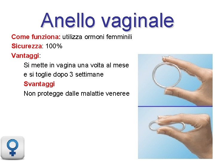Anello vaginale Come funziona: utilizza ormoni femminili Sicurezza: 100% Vantaggi: Si mette in vagina