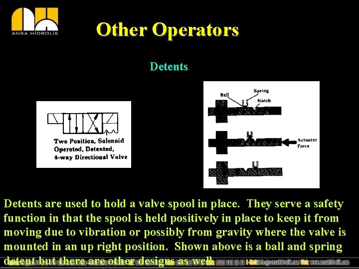 Other Operators Detents are used to hold a valve spool in place. They serve