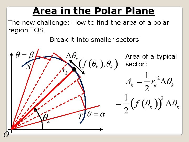 Area in the Polar Plane The new challenge: How to find the area of