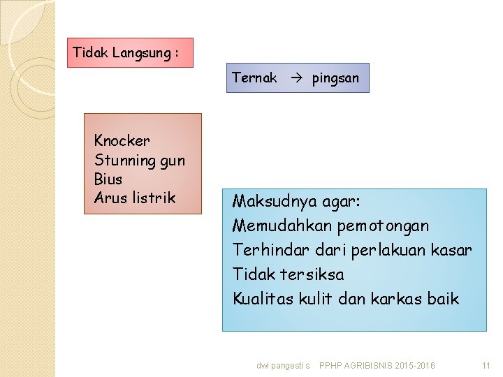 Tidak Langsung : Ternak pingsan Knocker Stunning gun Bius Arus listrik Maksudnya agar: Memudahkan