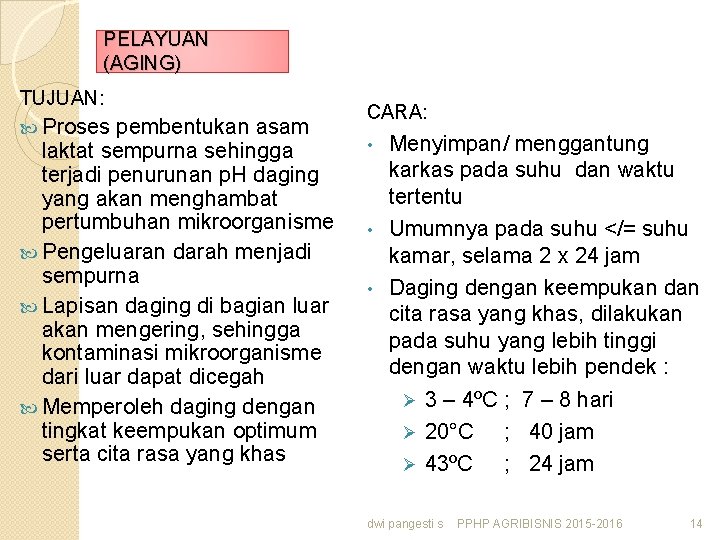 PELAYUAN (AGING) TUJUAN: Proses pembentukan asam laktat sempurna sehingga terjadi penurunan p. H daging