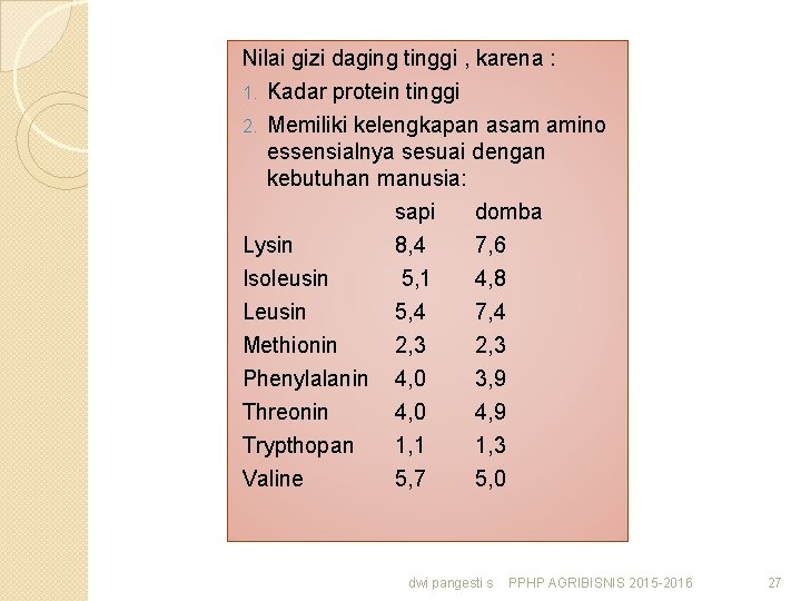 Nilai gizi daging tinggi , karena : 1. Kadar protein tinggi Memiliki kelengkapan asam