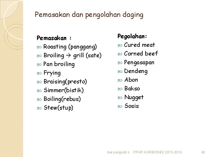 Pemasakan dan pengolahan daging Pemasakan : Roasting (panggang) Broiling grill (sate) Pan broiling Frying