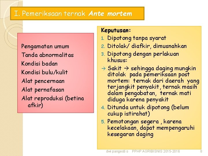 I. Pemeriksaan ternak Ante mortem Pengamatan umum Tanda abnormalitas Kondisi badan Kondisi bulu/kulit Alat