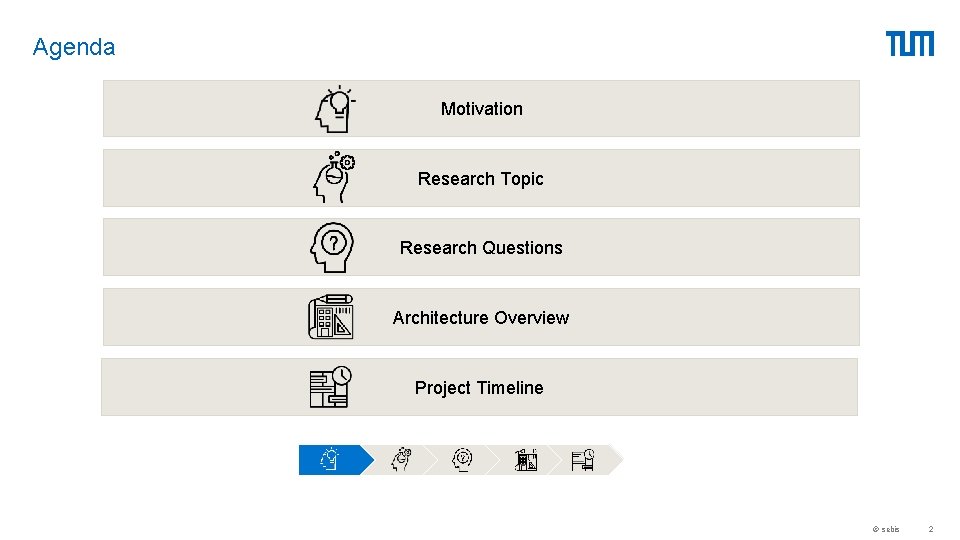Agenda Motivation Research Topic Research Questions Architecture Overview Project Timeline © sebis 2 Agenda Motivation Research Topic Research Questions Architecture Overview Project Timeline © sebis 2