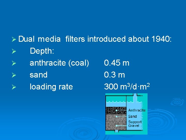 Ø Dual Ø Ø m edia filters introduced about 1940: Depth: anthracite (coal) 0.