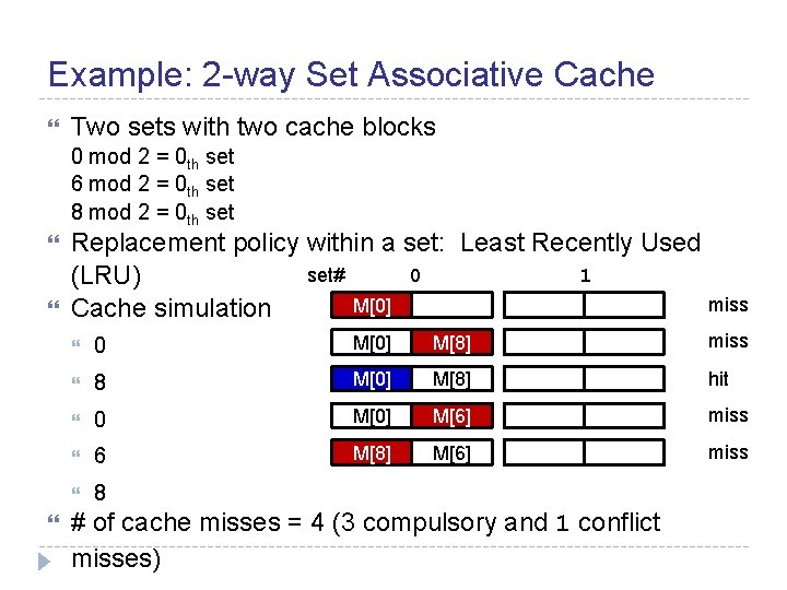 Example: 2 -way Set Associative Cache Two sets with two cache blocks 0 mod