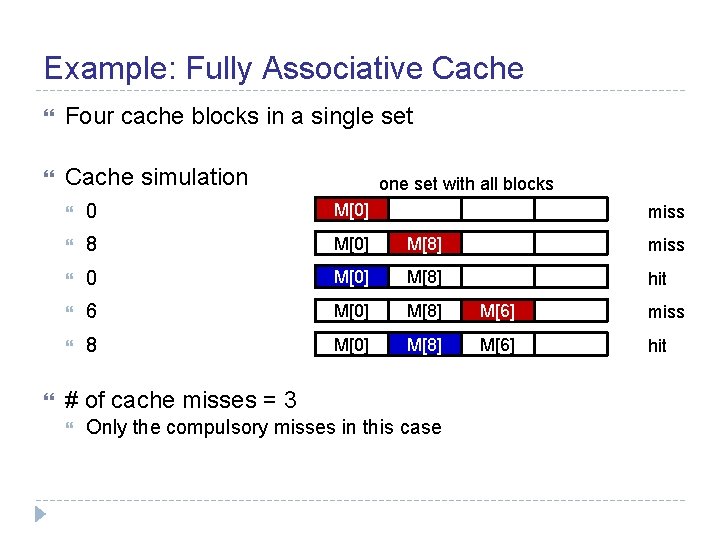 Example: Fully Associative Cache Four cache blocks in a single set Cache simulation one