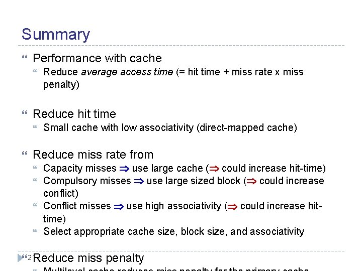 Summary Performance with cache Reduce hit time Reduce average access time (= hit time