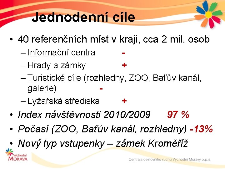 Jednodenní cíle • 40 referenčních míst v kraji, cca 2 mil. osob – Informační