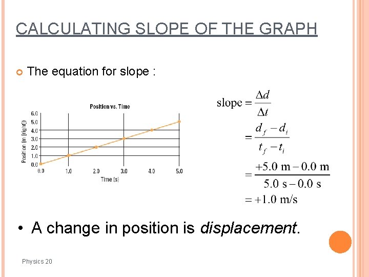 CALCULATING SLOPE OF THE GRAPH The equation for slope : • A change in