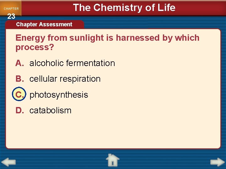 CHAPTER 23 The Chemistry of Life Chapter Assessment Energy from sunlight is harnessed by