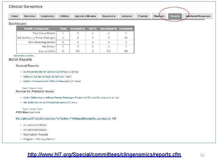 http: //www. hl 7. org/Special/committees/clingenomics/reports. cfm 12 