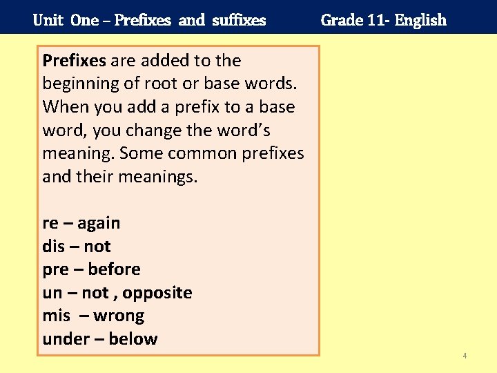 Unit One – Prefixes and suffixes Grade 11 - English Prefixes are added to
