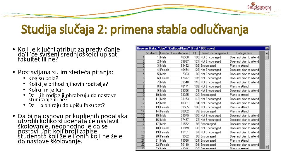 Studija slučaja 2: primena stabla odlučivanja • Koji je ključni atribut za predviđanje da Studija slučaja 2: primena stabla odlučivanja • Koji je ključni atribut za predviđanje da