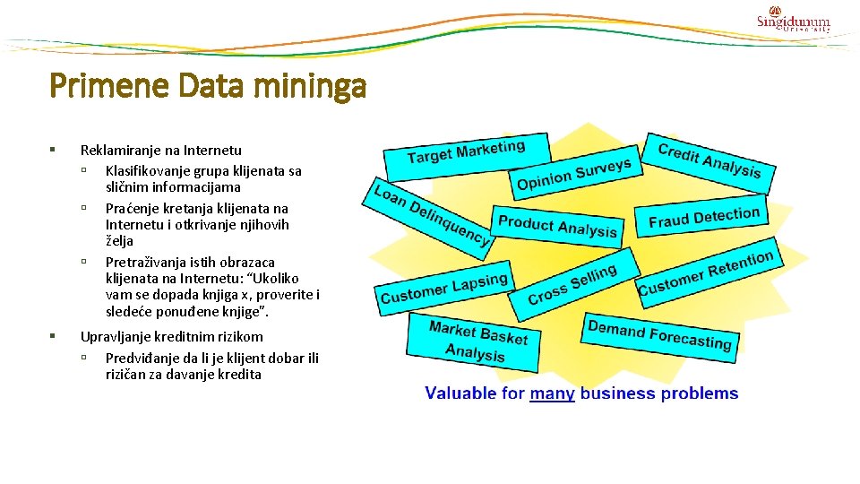 Primene Data mininga § Reklamiranje na Internetu Klasifikovanje grupa klijenata sa sličnim informacijama Praćenje Primene Data mininga § Reklamiranje na Internetu Klasifikovanje grupa klijenata sa sličnim informacijama Praćenje