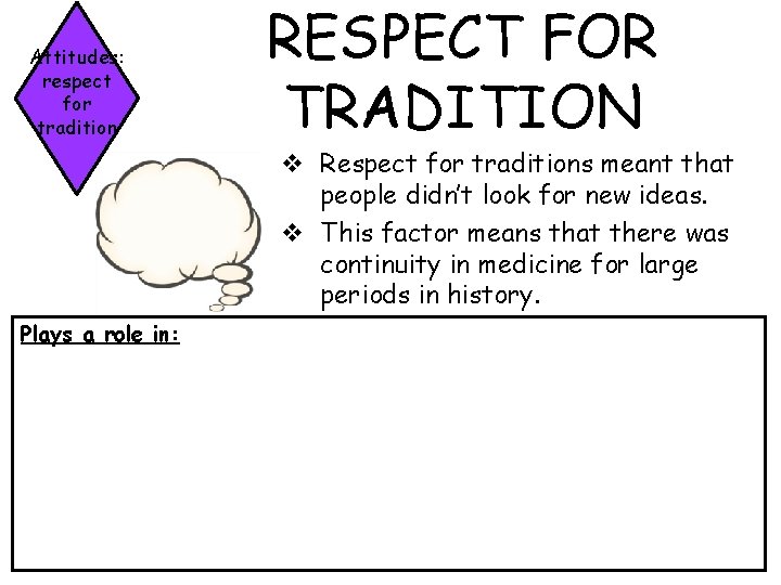 Attitudes: respect for tradition RESPECT FOR TRADITION v Respect for traditions meant that people