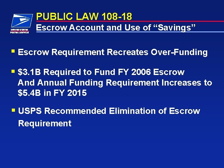 PUBLIC LAW 108 -18 Escrow Account and Use of “Savings” § Escrow Requirement Recreates