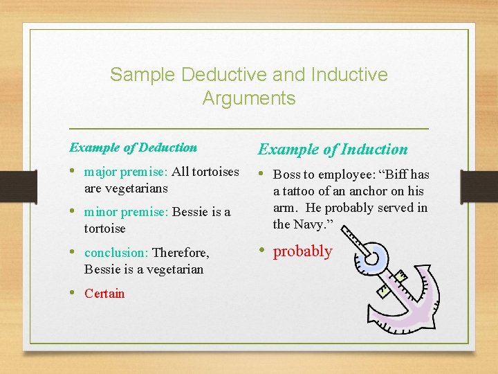 Sample Deductive and Inductive Arguments Example of Deduction • major premise: All tortoises are