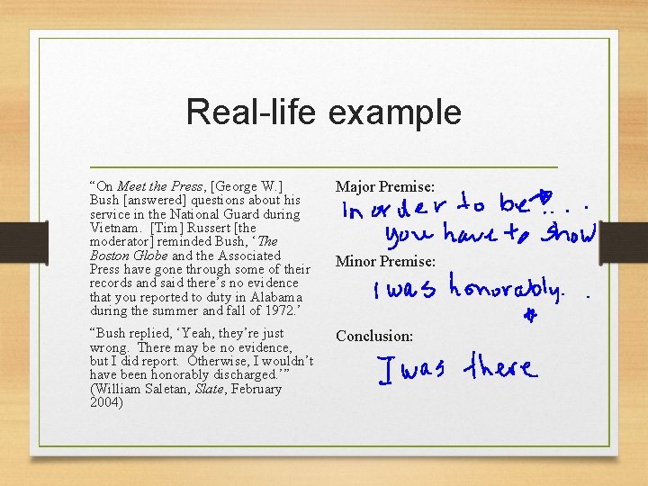 Real-life example “On Meet the Press, [George W. ] Bush [answered] questions about his