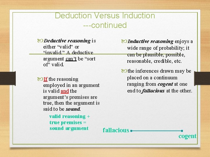 Deduction Versus Induction ---continued Deductive reasoning is either “valid” or “invalid. ” A deductive