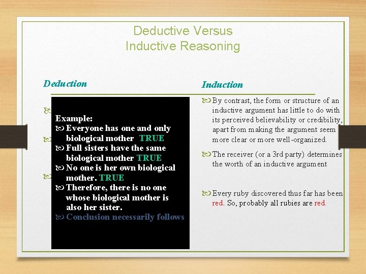 Deductive Versus Inductive Reasoning Deduction It is the form or structure of a Example: