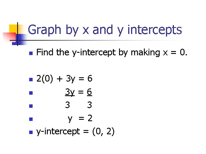 Graph by x and y intercepts n n n Find the y-intercept by making Graph by x and y intercepts n n n Find the y-intercept by making