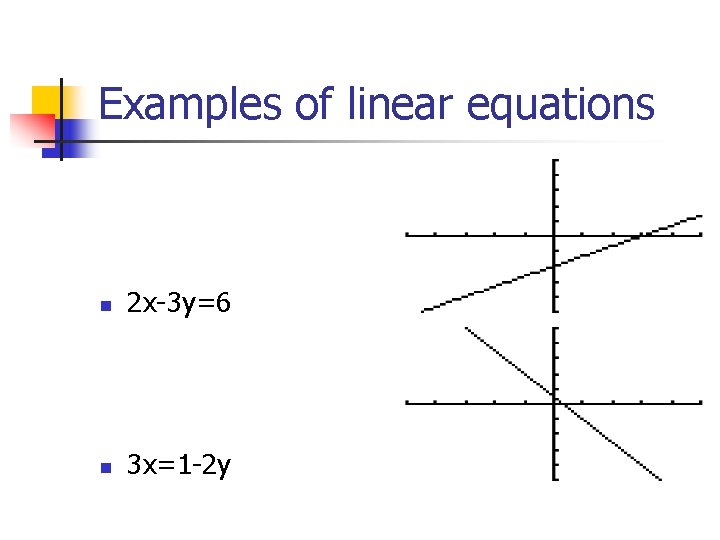 Examples of linear equations n 2 x-3 y=6 n 3 x=1 -2 y Examples of linear equations n 2 x-3 y=6 n 3 x=1 -2 y