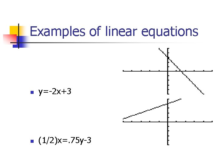 Examples of linear equations n y=-2 x+3 n (1/2)x=. 75 y-3 Examples of linear equations n y=-2 x+3 n (1/2)x=. 75 y-3