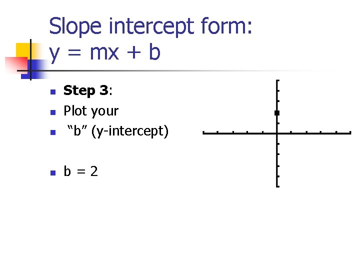 Slope intercept form: y = mx + b n Step 3: Plot your “b” Slope intercept form: y = mx + b n Step 3: Plot your “b”