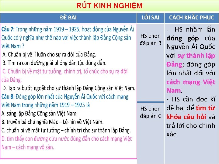 RÚT KINH NGHIỆM ĐỀ BÀI LỖI SAI HS chọn đáp án B CÁCH KHẮC