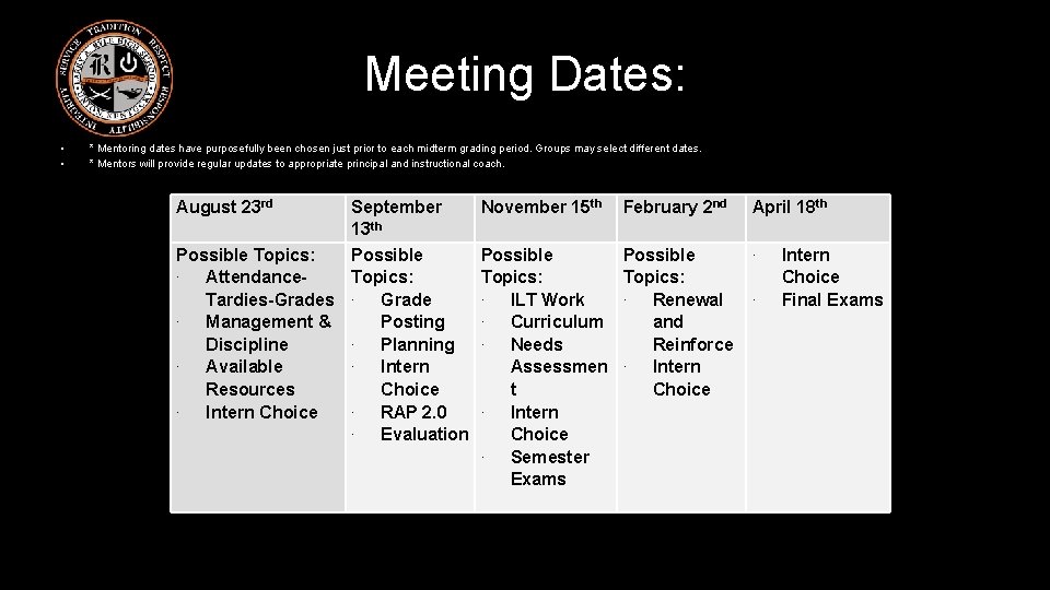 Meeting Dates: • • * Mentoring dates have purposefully been chosen just prior to