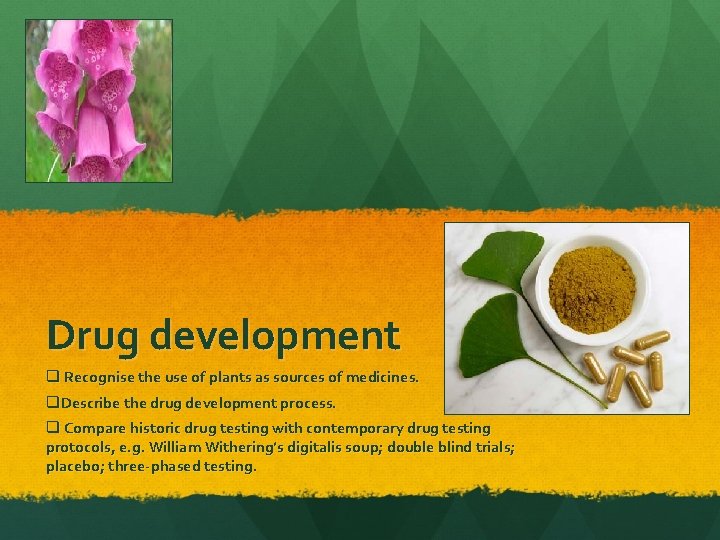 Drug development q Recognise the use of plants as sources of medicines. q. Describe Drug development q Recognise the use of plants as sources of medicines. q. Describe
