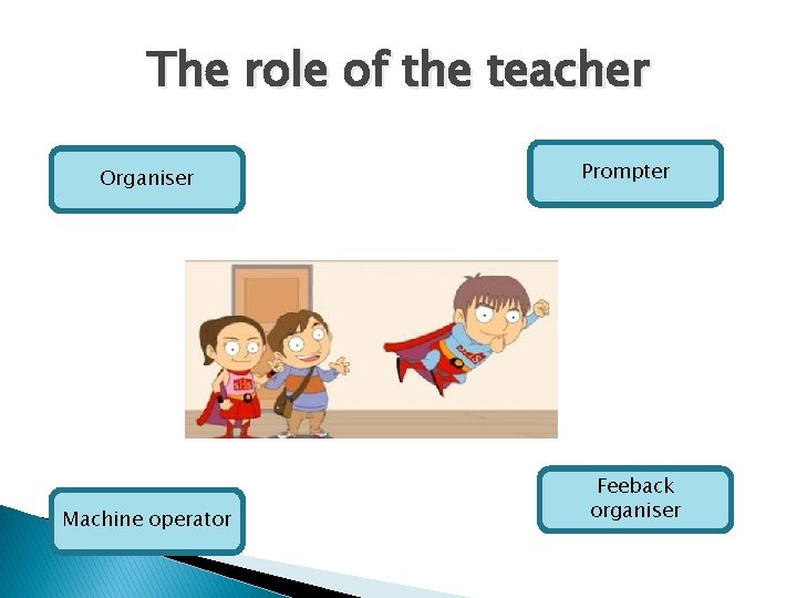 The role of the teacher Organiser Machine operator Prompter Feeback organiser The role of the teacher Organiser Machine operator Prompter Feeback organiser